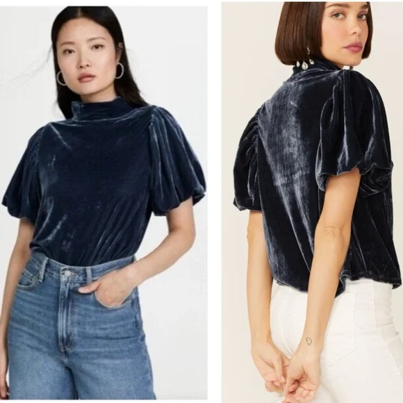 Free People Claudia Velvet Puff Sleeve Blouse - Picture 1 of 15